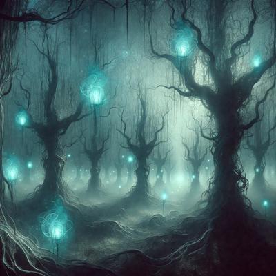 The primary subject of the image is a forest filled with trees. The setting is a dark, foggy forest with a haunting atmosphere. The visual style is a digital art or illustration, creating a surreal and mysterious environment. The colors are predominantly dark, with a few blue lights illuminating the trees, adding a sense of otherworldliness to the scene.